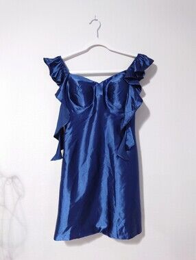 NWT Royal Blue Satin Ruffle Mini Cocktail Dress Size XS